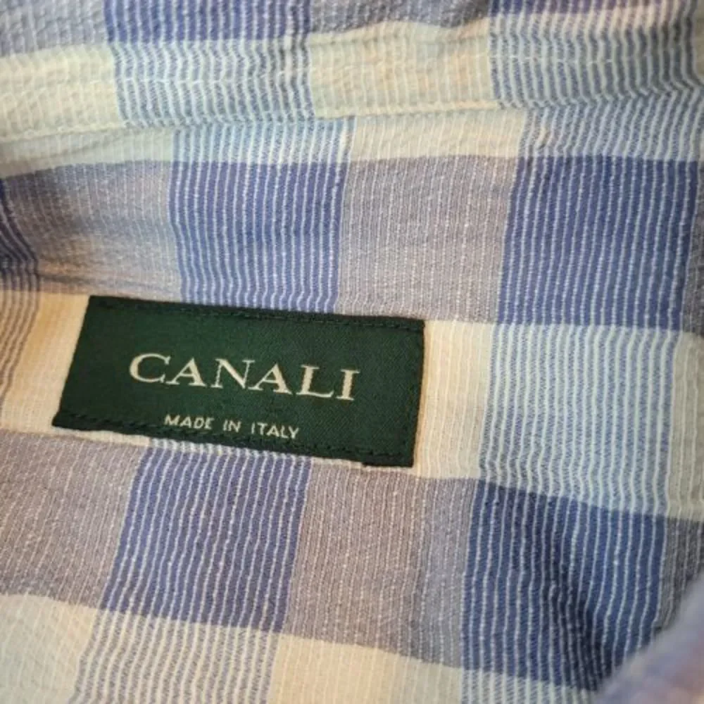 Canali Button Down Shirt Mens‎ XL Blue Plaid Good Cotton Linen Made in Italy